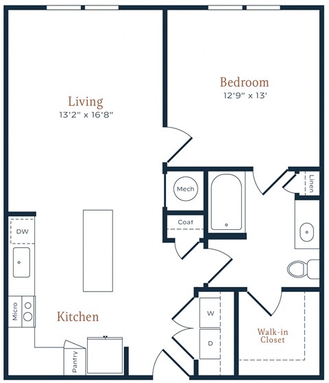 Floor plan for 1 bed, 1 bath, 777 sqft